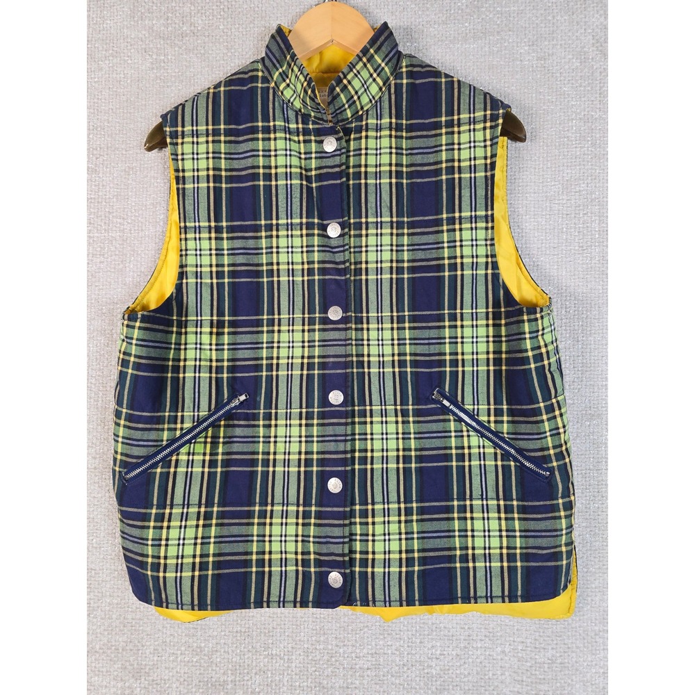 VTG Susan Bristol Casuals Womens Green Yellow Plaid Snap Front Padded Vest Sz S